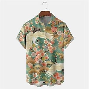 Men's Shirt Summer Hawaiian Shirt Floral Crane Graphic Prints Turndown Green Outdoor Street Short Sleeves Button-Down Print Clothing Apparel Tropical Fashion Hawaiian Designer Lightinthebox
