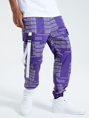 KOYYE Men Hip Hop Style Letter Print Ribbon Cargo Pants KOYYE Men Hip Hop Style Letter Print Ribbon Cargo Pants