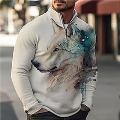 Wolf Abstract Men's Print 3D Zip Polo Golf Polo Outdoor Casual Daily Streetwear Polyester Long Sleeve Zip Polo Shirts Blue Purple Apricot Fall  Winter S M L Micro-elastic Lapel Polo Lightinthebox