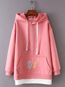 Embroidery Cat Fake Two Pieces Hoodies
