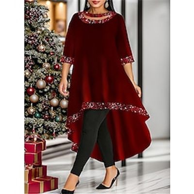 Women's Plus Size Velvet Dress Sequin Dress Prom Dress Long Dress Maxi Dress Wine Half Sleeve Pure Color Sequins Spring Fall Winter Crew Neck Fashion Winter Dress Christmas Wedding Guest 2023 L XL Lightinthebox