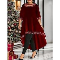 Women's Plus Size Velvet Dress Sequin Dress Prom Dress Long Dress Maxi Dress Wine Half Sleeve Pure Color Sequins Spring Fall Winter Crew Neck Fashion Winter Dress Christmas Wedding Guest 2023 L XL Lightinthebox - thumbnail