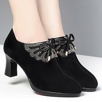 Women's Heels Pumps Comfort Shoes Party Outdoor Office Rhinestone Bowknot Chunky Heel Round Toe Elegant Fashion Casual Faux Leather Loafer Matte Black Black miniinthebox