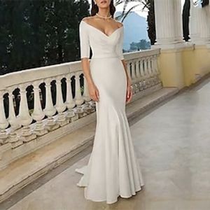 Reception Casual Wedding Dresses Mermaid  Trumpet Off Shoulder Half Sleeve Sweep  Brush Train Stretch Fabric Bridal Gowns With Ruched 2023 Summer Wedding Party, Women's Clothing Lightinthebox