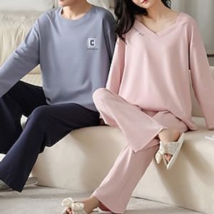 Couple's Loungewear Sleepwear Solid Color Casual Weekend Pink Gray Print Long Sleeve Daily V Neck Regular Fit Spring   Fall Lightinthebox