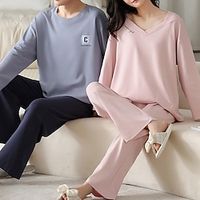 Couple's Loungewear Sleepwear Solid Color Casual Weekend Pink Gray Print Long Sleeve Daily V Neck Regular Fit Spring   Fall Lightinthebox - thumbnail