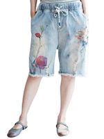 Casual Women Flower Printed Elastic Waist Drawstring Denim Shorts