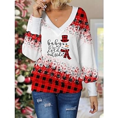 Women's Christmas Sweater Pullover Sweater Jumper V Neck Crochet Knit Print Drop Shoulder Fall Winter Regular Christmas Stylish Casual Soft Long Sleeve Snowman Wine S M L miniinthebox