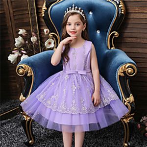 Kids Toddler Little Girls' Dress Jacquard Solid Colored Lace up Lace Bow Blue Purple Blushing Pink Asymmetrical Sleeveless Basic Sweet Dresses Christmas Regular Fit Slim Lightinthebox