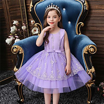 Kids Toddler Little Girls' Dress Jacquard Solid Colored Lace up Lace Bow Blue Purple Blushing Pink Asymmetrical Sleeveless Basic Sweet Dresses Christmas Regular Fit Slim Lightinthebox