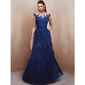 A-Line Mother of the Bride Dress Elegant Vintage V Neck Floor Length Lace Tulle Cap Sleeve with Appliques Cascading Ruffles 2024 Lightinthebox