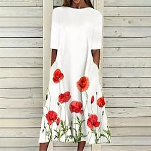 Women's Shift Dress Midi Dress White Short Sleeve Floral Pocket Print Spring Summer Round Neck Casual 2022 S M L XL XXL 3XL Lightinthebox