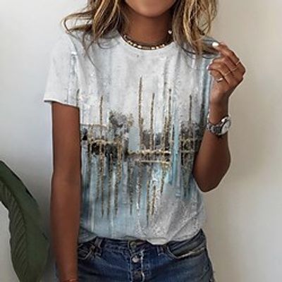 Women's T shirt Tee Blue Purple Pink Graphic Print Short Sleeve Casual Weekend Basic Round Neck Regular Abstract Painting S Lightinthebox