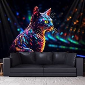 Blacklight Tapestry UV Reactive Glow in the Dark Cat Trippy Mountain Misty Nature Hanging Tapestry Wall Art Mural for Living Room Bedroom miniinthebox