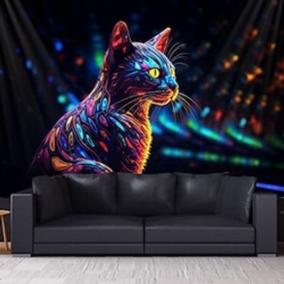 Blacklight Tapestry UV Reactive Glow in the Dark Cat Trippy Mountain Misty Nature Hanging Tapestry Wall Art Mural for Living Room Bedroom miniinthebox