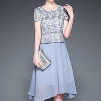 Women's A Line Dress Knee Length Dress Light Blue Short Sleeve Floral Embroidered Mesh Fake two piece Spring Summer Round Neck Elegant Modern Mature 2022 M L XL XXL 3XL 4XL 5XL Lightinthebox - thumbnail