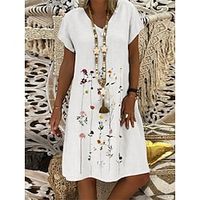 Women's Casual Dress White Cotton Linen Dress Midi Dress Linen Cotton Blend Modern Daily Weekend V Neck Embroidered Short Sleeve Summer Spring 2023 Loose Fit White Blue Purple Floral Lightinthebox