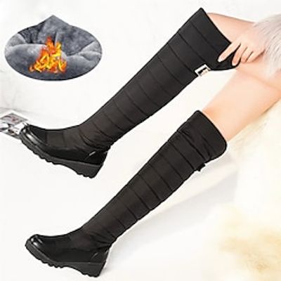 Women's Boots Snow Boots Plus Size Winter Boots Daily Solid Color Fleece Lined Over The Knee Boots Thigh High Boots Winter Buckle Flat Heel Round Toe Plush Casual Comfort PU Cloth Loafer Black Blue miniinthebox