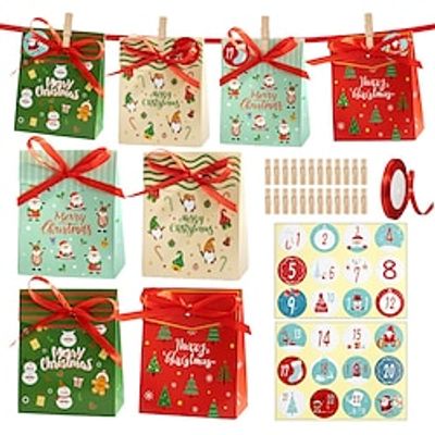 24 Sets Christmas Gift Bag Set Advent Calendar Boxes 24 Days Countdown To Decorations DIY Hanging Candy Gift Bag Candy Gift Bags For Kids Lightinthebox