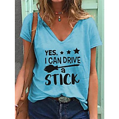 Women's T shirt Letter Print V Neck Tops Cotton Basic Basic Top White Blue Purple miniinthebox