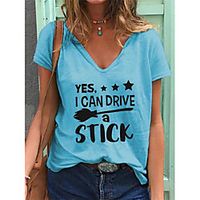Women's T shirt Letter Print V Neck Tops Cotton Basic Basic Top White Blue Purple miniinthebox - thumbnail