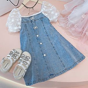 [100-150cm] sweet lace puff sleeve denim dress Lightinthebox