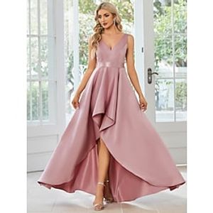 A-Line Wedding Guest Dresses Casual Dress Party Wear Asymmetrical Sleeveless V Neck Satin with Ruffles Pure Color 2023 miniinthebox