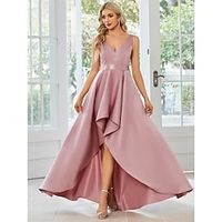 A-Line Wedding Guest Dresses Casual Dress Party Wear Asymmetrical Sleeveless V Neck Satin with Ruffles Pure Color 2023 miniinthebox - thumbnail