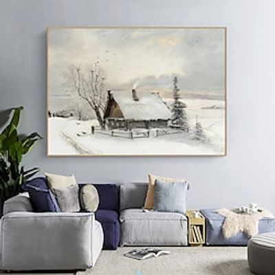 Vintage Winter Landscape Handpainted Antique Winter Painting Christmas Wall Art Snowy Wooden House Handmade Farmhouse Wall Art Rolled Canvas (No Frame) Lightinthebox