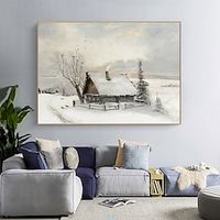 Vintage Winter Landscape Handpainted Antique Winter Painting Christmas Wall Art Snowy Wooden House Handmade Farmhouse Wall Art Rolled Canvas (No Frame) Lightinthebox - thumbnail