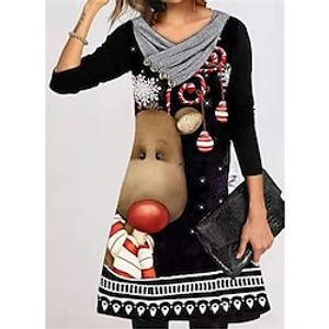 Women's A Line Dress Knee Length Dress White Black Red Brown Long Sleeve Cat Snowflake Print Fall Winter V Neck Casual 2022 S M L XL XXL 3XL miniinthebox