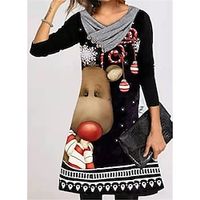 Women's A Line Dress Knee Length Dress White Black Red Brown Long Sleeve Cat Snowflake Print Fall Winter V Neck Casual 2022 S M L XL XXL 3XL miniinthebox - thumbnail