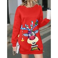 Women's Casual Dress Christmas Dress Sweatshirt Dress Deer Print Crew Neck Mini Dress Fashion Streetwear Outdoor Christmas Long Sleeve Loose Fit Wine Fall Winter S M L XL XXL miniinthebox - thumbnail