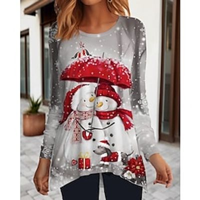 Women's T shirt Tee Christmas Shirt Yellow Red Blue Snowman Flowing tunic Print Long Sleeve Christmas Weekend Festival  Holiday Round Neck Regular Fit Painting Spring   Fall Lightinthebox