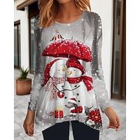 Women's T shirt Tee Christmas Shirt Yellow Red Blue Snowman Flowing tunic Print Long Sleeve Christmas Weekend Festival  Holiday Round Neck Regular Fit Painting Spring   Fall Lightinthebox - thumbnail