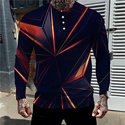 Men's Henley Shirt T shirt 3D Print Graphic Geometry Henley Casual Daily Button-Down Print Long Sleeve Tops Lightweight Breathable Big and Tall Royal Blue miniinthebox