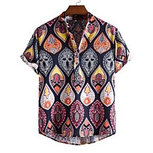 Men's Shirt Other Prints Graphic Short Sleeve Daily Tops Ethnic Style Brown / Summer / Stand Collar miniinthebox