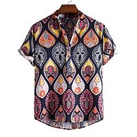 Men's Shirt Other Prints Graphic Short Sleeve Daily Tops Ethnic Style Brown / Summer / Stand Collar miniinthebox - thumbnail