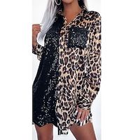 Women's Sequin Dress Party Dress Cocktail Dress Mini Dress Brown Long Sleeve Leopard Print Summer Spring Fall Shirt Collar Elegant Winter Dress Wedding Guest Birthday S M L XL Lightinthebox - thumbnail