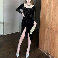 Women's Velvet Dress Sheath Dress Red Black Long Sleeve Pure Color Ruched Split Velvet Winter Fall Square Neck Elegant Modern Fall Dress Slim 2022 S M L / Winter Dress miniinthebox - thumbnail