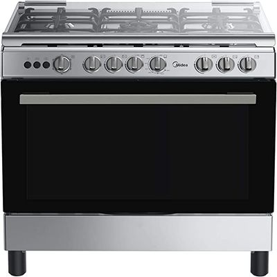 Midea 90x60cm Freestanding Cooker, Full Gas Cooking Range with 5 Burners, Automatic Ignition & Full Safety, Cast Iron Pan Support, Stainless Steel Finish, Separate Knob for Oven & Grill - LME95028FFD