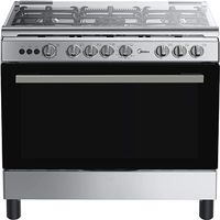 Midea 90x60cm Freestanding Cooker, Full Gas Cooking Range with 5 Burners, Automatic Ignition & Full Safety, Cast Iron Pan Support, Stainless Steel Finish, Separate Knob for Oven & Grill - LME95028FFD