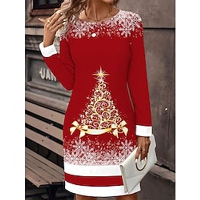 Women's Work Dress Casual Dress Sheath Dress Fashion Winter Dress Christmas Daily Mini Dress Print Crew Neck Long Sleeve Christmas Tree Snowflake Regular Fit Pink Wine Blue Fall Winter S M L XL XXL miniinthebox
