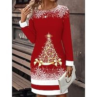 Women's Work Dress Casual Dress Sheath Dress Fashion Winter Dress Christmas Daily Mini Dress Print Crew Neck Long Sleeve Christmas Tree Snowflake Regular Fit Pink Wine Blue Fall Winter S M L XL XXL miniinthebox - thumbnail
