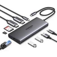 UGREEN 10-In-1 USB-C HUB 3xUSB-A + USB-C + HDMI SINGLE 8K@30Hz Dual Display (WIN) 4K@60Hz + RJ45 + SD/TF + 100W PD Gray [CM639-15534]