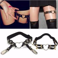 Punk Gothic Heart Rivet Black Leather Elastic Garter Stockings Belt Leg Ring - thumbnail