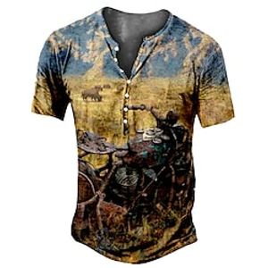 Men's Henley Shirt Tee T shirt 3D Print Graphic Motorcycle Plus Size Henley Daily Sports Button-Down Print Short Sleeve Tops Basic Casual Designer Big and Tall Yellow miniinthebox