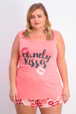 Womens Plus Size Candy Kisses Print Tank Top with Shorts Sleepwear Pink Womens Plus Size Candy Kisses Print Tank Top with Shorts Sleepwear Pink