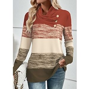 Women's T shirt Tee Color Block Red Button Print Long Sleeve Daily Weekend Fashion V Neck Regular Fit Spring   Fall Lightinthebox