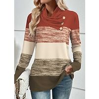 Women's T shirt Tee Color Block Red Button Print Long Sleeve Daily Weekend Fashion V Neck Regular Fit Spring   Fall Lightinthebox - thumbnail